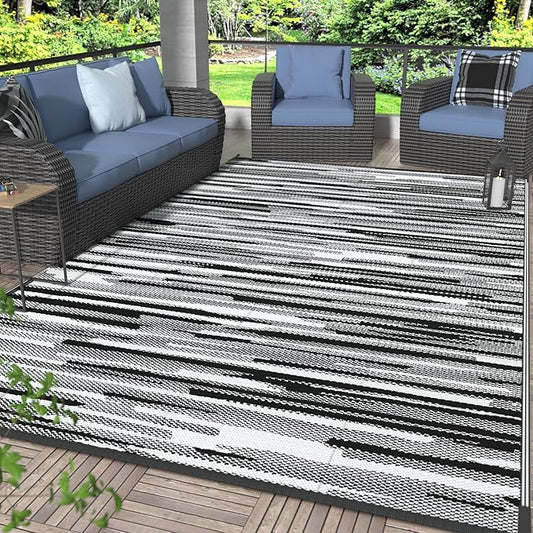 GENIMO Outdoor Rug for Patio Clearance, 9'x12' Waterproof Camping Mat, Reversible Plastic Straw Rugs for RV, Camper, Balcony, Backyard, Picnic, Deck (Black White)