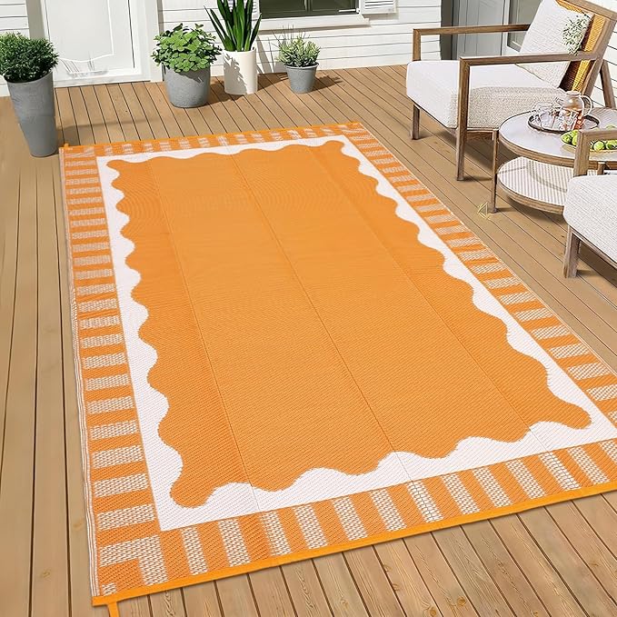 9x12 Outdoor Rug Waterproof Foldable Plastic Straw Carpet for Patio Porch Scalloped Border Reversible Mat Lightweight Floor Mat for Picnic, Backyard, Rv, Beach, Deck, Camper, Balcony，Orange