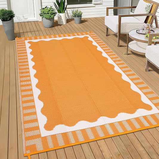 Waterproof Plastic Straw Outdoor Rug 9x18 Patio Reversible UV Resistant Foldable Camping Carpet Scalloped Border Large Outdoor Rugs for Deck, Picnic, Porch, Camper, Balcony, Beach，Orange