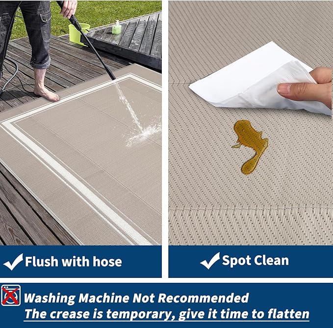 COZYLOOM Outdoor Plastic Straw Rug 9x12 UV Resistant Waterproof Patio Rug, Reversible RV Camping Mat with Portable Bag & 4 Stakes, Modern Bordered Outdoor Carpet for Balcony Deck Yard, Dusty Taupe