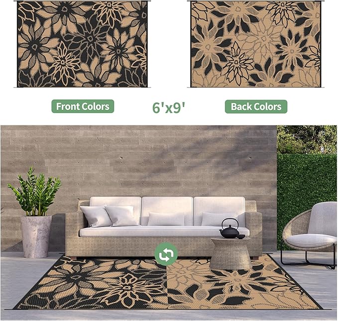GENIMO Outdoor Rug Waterproof for Patio Decor, 6' x 9' Reversible Plastic Straw Floral Camping Carpet, Large Area Rugs Mats for RV, Camper, Deck, Balcony, Porch, Beach, Picnic, Black & Brown