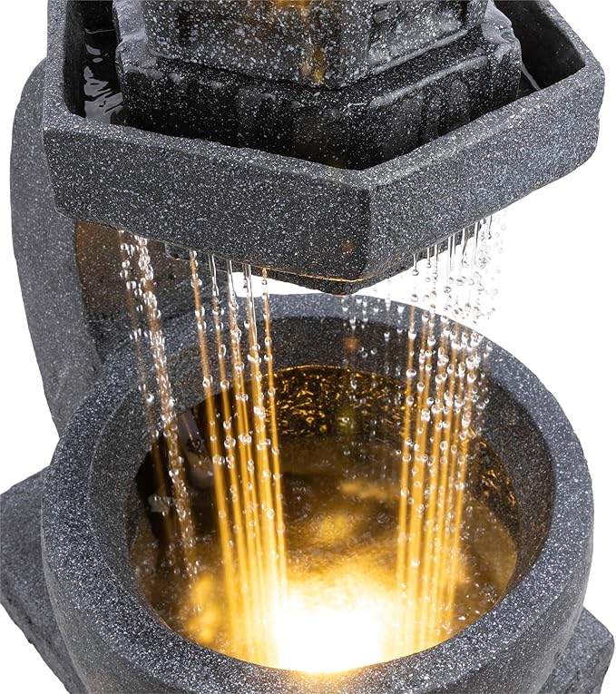 Alpine Corporation DIG370 31" Outdoor Zen Pagoda Water Fountain with LED Lights & Illuminated Stone Bowl – Tranquil Garden Water Feature for Relaxation and Ambiance, Gray