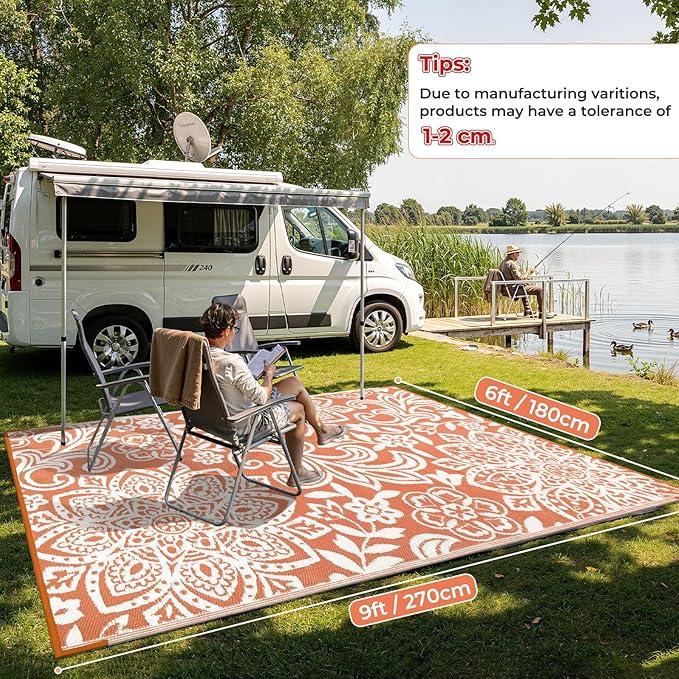 Findosom Waterproof Outdoor Rug 6' x 9' - Reversible Mandala Outdoor Plastic Straw Rug, Durable Foldable Patio Rug for RV, Deck, Balcony, Backyard, Picnic, Porch, Camping, Beach, Orange