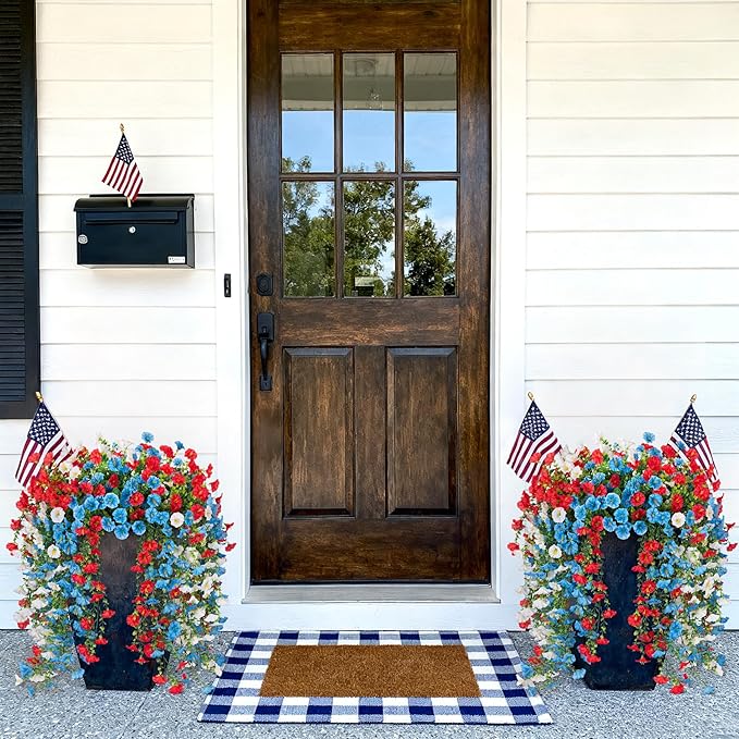 Artificial Hanging Petunias Flowers for Outdoor, 8pcs Fake Plants Long Vine Morning Glory Eucalyptus, UV Resistant Realistic Faux Greenery Outside Patio Porch Garden Spring Decor, Red Blue White