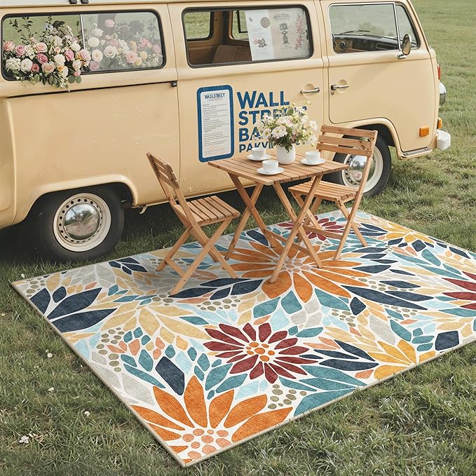 GENIMO Indoor Outdoor Area Rug 8'x10', Machine Washable Rugs for Patio, Waterproof, Non-Slip Easy Cleaning Floral Outdoor Mat Carpet for Living Room, Bedroom, RV, Balcony, Deck, Camping, Orange
