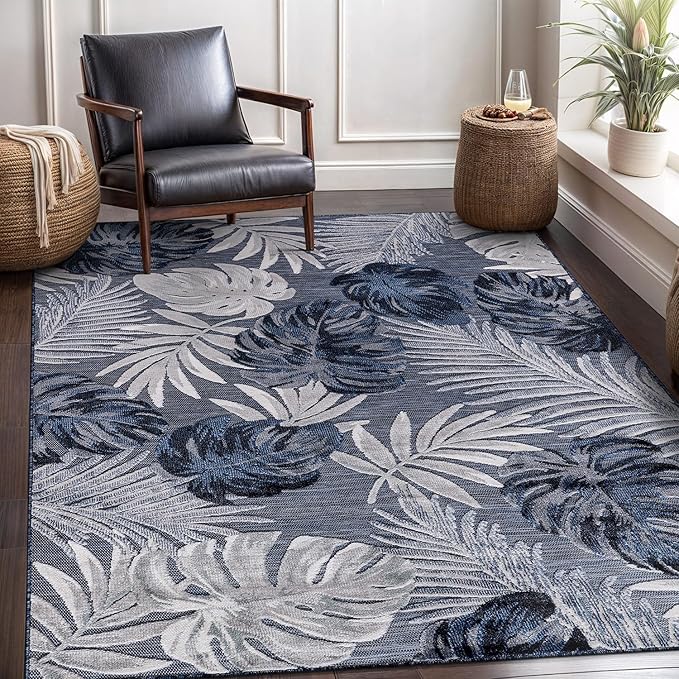 CAMILSON Indoor Outdoor Rug, Navy Blue 6’x9’ Leaf Tropical Botanical Area Rugs for Indoor and Outdoor patios, Easy-Cleaning Non-Shedding Living Room, Garden and Kitchen Washable Outside Carpet (6x9)