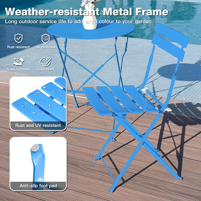 3 Piece Bistro Set, Folding Patio Furniture Set, Outdoor Table and Chairs Set for Patio, Garden, Balcony and Poolside, Blue