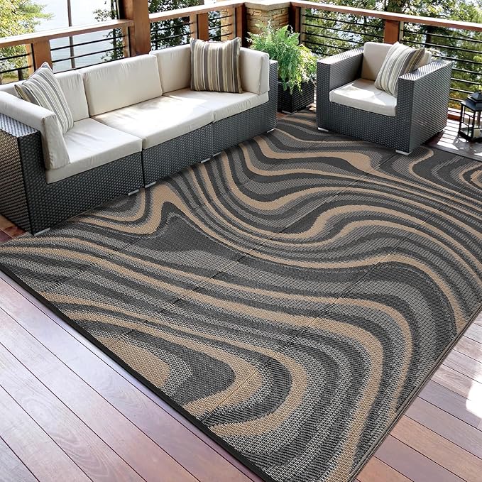 9x12 Outdoor Rug Waterproof Foldable Plastic Straw Carpet for Patio Porch Modern Abstarct Reversible Mat Lightweight Floor Mat for Picnic, Beach, Deck, Camper, Balcony，Black/Gray/Brown