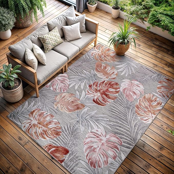 CAMILSON Indoor Outdoor Rug, Mult 9’x12’ Leaf Tropical Botanical Area Rugs for Indoor and Outdoor patios, Easy-Cleaning Non-Shedding Living Room, Garden and Kitchen Washable Outside Carpet (9x12)
