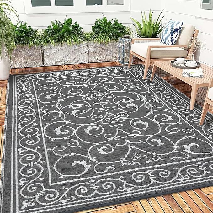 MilleLoomi Waterproof Plastic Straw Outdoor Rug 9x18 Patio Reversible UV Resistant Foldable Camping Carpet Vintage Large Outdoor Rugs for Deck, Picnic, Porch, Camper, Balcony, Beach，Grey