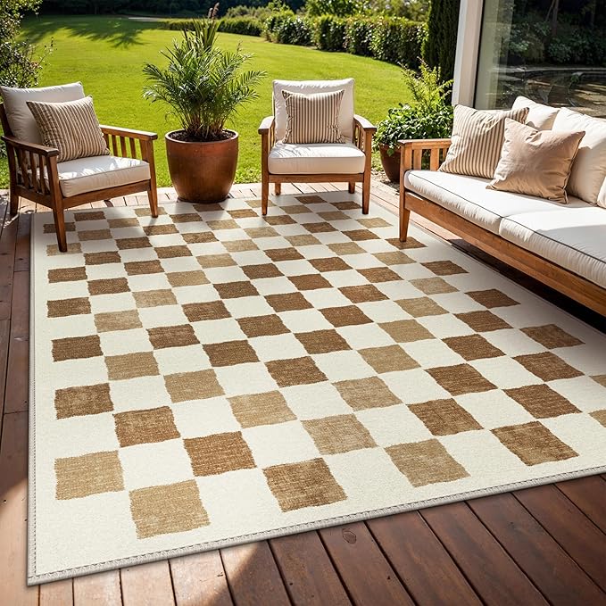 GENIMO Outdoor Rug for Patio Clearance, 9'x12' Reversible Plastic Straw Rugs, Lightweight Waterproof RV Camping Mat for Camper, Balcony, Deck, Backyard, Picnic, BrownBeige