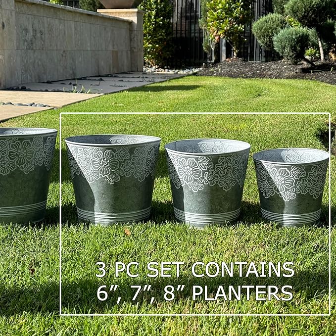 allgala Galvanized Planter Pot Indoor and Outdoor Decoration-Round Grey-3-PC-HD88314
