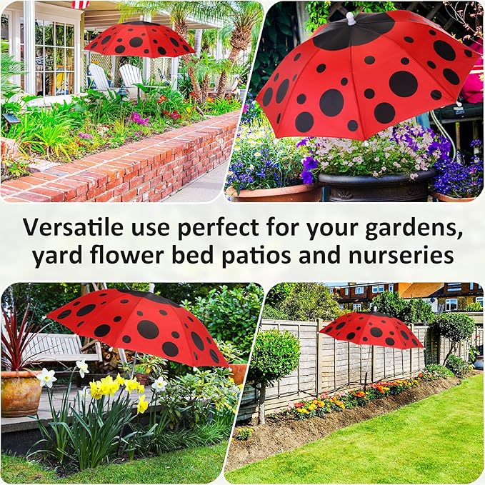 4 Pack Plant Umbrellas for Outdoor Plants, Upgraded Joints-enhanced Wind Resistance, Adjustable Height, Large Garden Umbrella Shade for Potted Plants Bed Flower Pot(Ladybug)