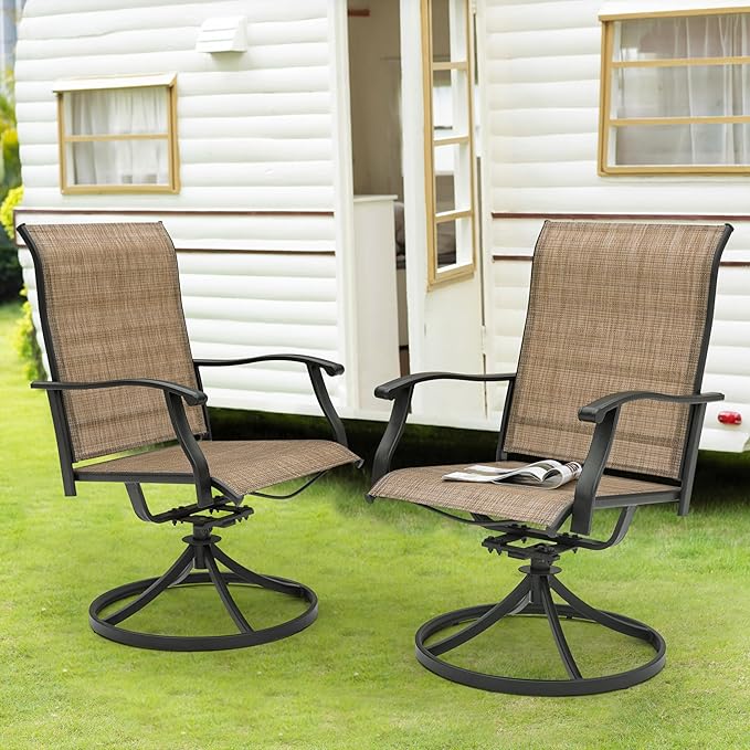 NUU GARDEN Outdoor Swivel Patio Dining Chairs Set of 2, All-Weather Textilene Dining Chairs with Metal Frame for Patio, Lawn, Deck or Backyard, Brown