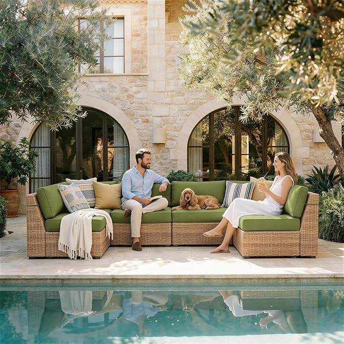 Outdoor Replacement Cushions for Patio Furniture, 5" Foam High-Density, 14-Piece Water-Resistant Outdoor Cushion for 6-Seat Sectional Patio Conversation Sets, Liner&Cover