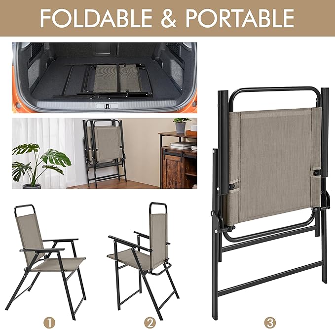 Yaheetech Outdoor Patio Chairs Set of 4, Folding Patio Chairs with Metal Frame, Armrests, Portable Dining Chairs for Camping, Lawn, Garden and Porch, Brown