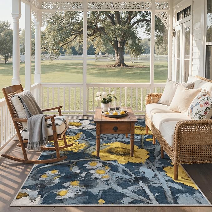 GENIMO Indoor Outdoor Area Rug 5'x8', Machine Washable Rugs for Patio, Waterproof, Non-Slip Easy Cleaning Floral Outdoor Mat Carpet for Living Room, Bedroom, RV, Balcony, Deck, Camping, Blue