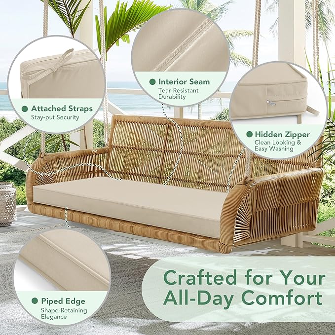 Outdoor Bench Cushion: Waterproof and Fade Resistant Patio Furniture Cushions - Non-Slip Bench Pad Cushion with Removable Cover for Garden Swing Porch Sofa Settee, 42 x 18 Inch, Beige