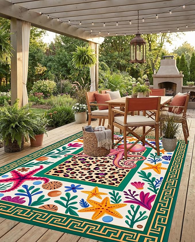 5x7 Octopus Leopard Print Ocean Outdoor Rug for Patio Deck Garden Poolside Porch Balcony Double Layer 3D Border Carpet Unique Waterproof Backyard Lawn RV Camping Outside Rugs Turquoise Pink