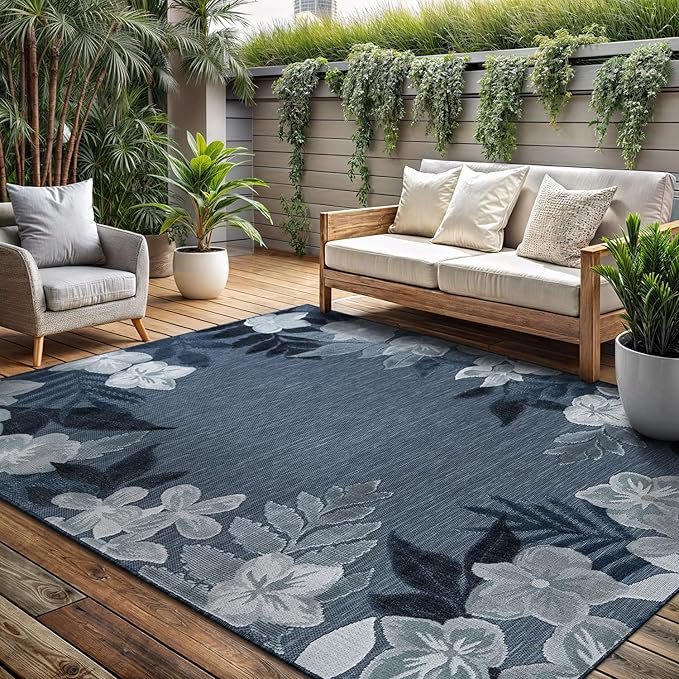 Outdoor Rug 10x14 Washable Area Rugs Indoor Outdoor Carpets Navy Border Floral Non Shedding Waterproof Easy Clean Patio Deck Porch Living Room Bedroom Garden RV (10 X 14 Navy)