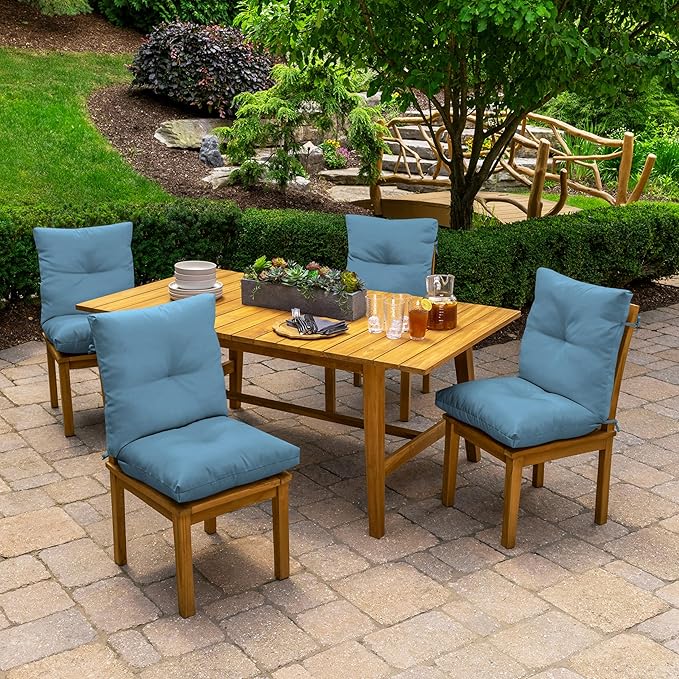 Arden Outdoor Plush Modern Tufted Blowfill Dining Chair Cushion, 21 x 40, Water Repellent, Fade Resistant, Tufted Cushion for Dining and Bistro Chairs, French Blue Texture