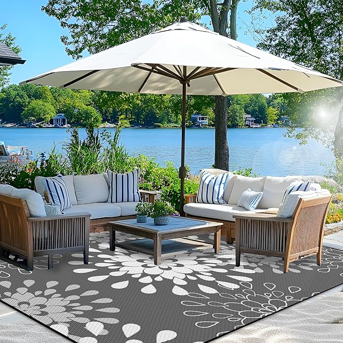 Wallona Outdoor Rugs 9x12 ft Patio Waterproof Clearance Indoor Outdoor Large Carpet for Patio Plastic Straw Reversible Area Rugs Mat for RV, Camping, Beach, Picnic, Porch, Flower Grey & White