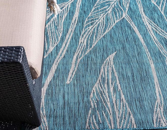 Unique Loom Outdoor Botanical Collection Area Rug - Leaf (7' 1" x 10' Rectangle, Teal/ Ivory)