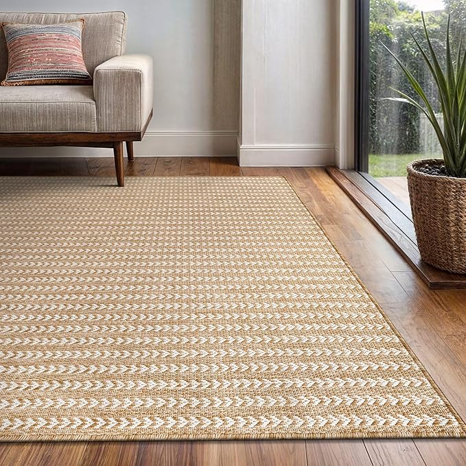 Washable Outdoor Rug 8x10 Modern Area Rugs Outdoor Carpets Striped Pattern Non Shedding Waterproof Easy Clean Patio Deck Porch Living Room Bedroom Garden RV (8 X 10 Natural)