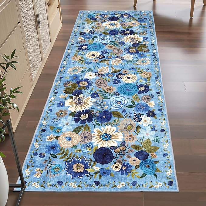 Rug for Hallways Kitchen Rug 2x6, Non Slip Washable Rugs with Rubber Backing Soft Floral Carpet Runner for Hallways, Kitchen, Laundry, Bedroom, Bathroom (Blue Garden, 2 x 6)