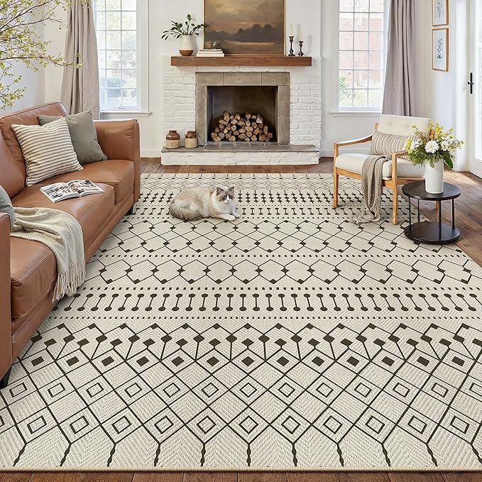 HUGEAR 8x10 Outdoor Rug Black/Beige Linen-Look Fabric Boho Area Rug High Traffic Stain Resistant Easy Clean Durable Rugs for Indoor/Outdoor Patio Deck Balcony Porch Garden Courtyard