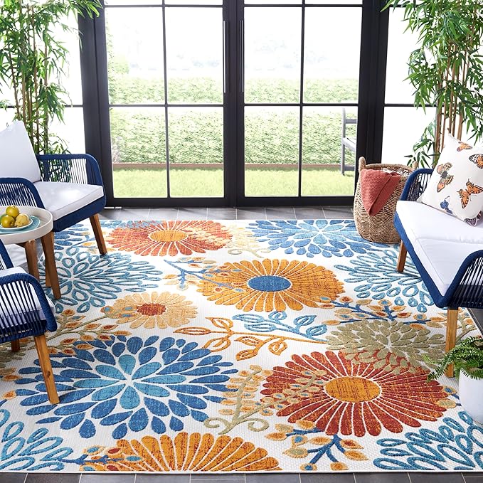 SAFAVIEH Washable Rug Outdoor Cabana Collection - 9' x 12', Cream & Red, Non-Shedding & Easy to Clean, Ideal for Patio, Backyard, Mudroom (CBN832A)