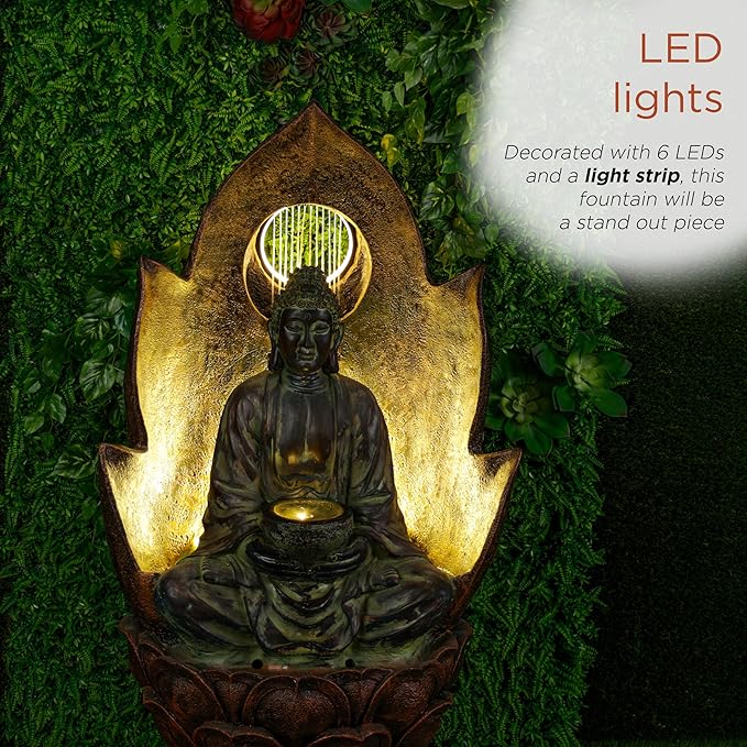 Alpine Corporation 59" Tall Outdoor Buddha Fountain with LED Lights, Elegant Water Feature for Garden, Patio, Yard & Outdoor Spaces, Realistic Stone Look, Calming Waterfall for Relaxation, Brown