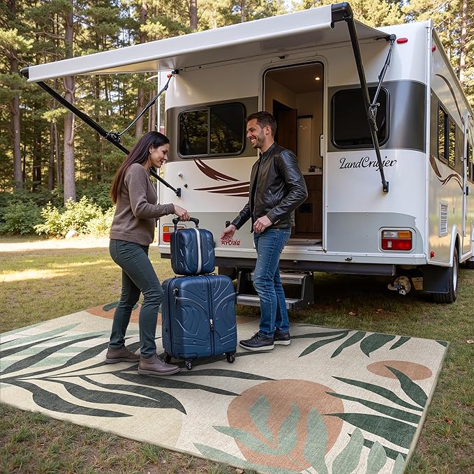 GENIMO Outdoor & Indoor Area Rug 4'x6', Waterproof, Non-Shedding, Easy Cleaning, Leaf Mat for Patio, Living Room, Balcony, Dining Room, RV, Deck, Bedroom, Camping, Outside Carpet, Beige Grey