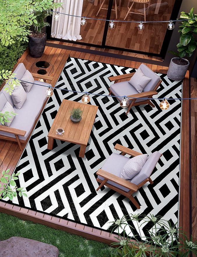 6x9 Outdoor Patio Rug with Carry Bag, Waterproof Outdoor Plastic Straw Rug RV Camping Rug, Reversible Picnic Mat Outside Carpet for Backyard, Porch, Balcony, Deck, Black & Light Grey