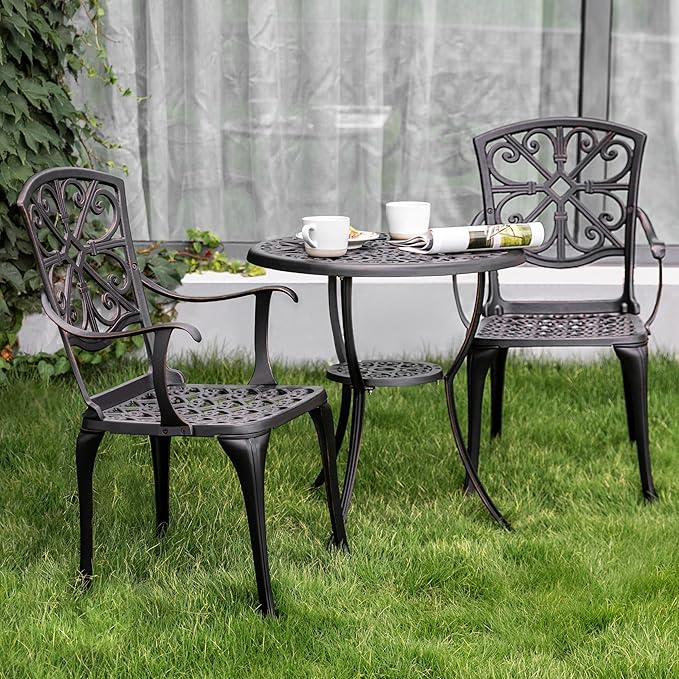 NUU GARDEN 3 Piece Outdoor Bistro Set Cast Aluminum Bistro Table Set Patio Table and Chairs with Umbrella Hole for Backyard, Balcony, Front Porch, Black