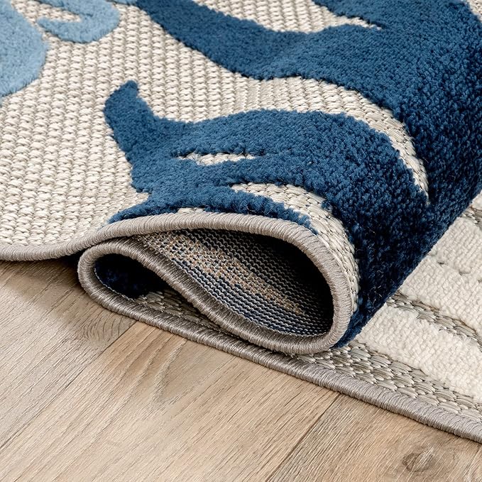 Rugshop Navy Lucca Contemporary Floral Indoor/Outdoor Square Area Rug Durable Polypropylene, Weather Resistant, Easy to Clean Perfect for Patio, Backyard, Deck and Outdoor Lounge 6'6" x 6'6" Square
