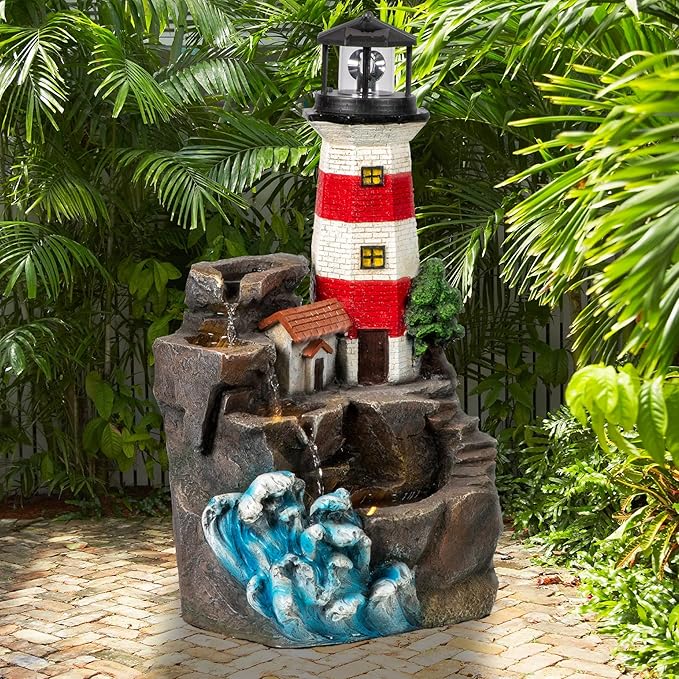 Ferrisland Lighthouse Big Waterfall Fountain Outdoor, Freestanding Relaxing Water Fountain, Garden Backyard Decking Home Nautical Art Decor, Gift Ideas(Red & White, 23" H)