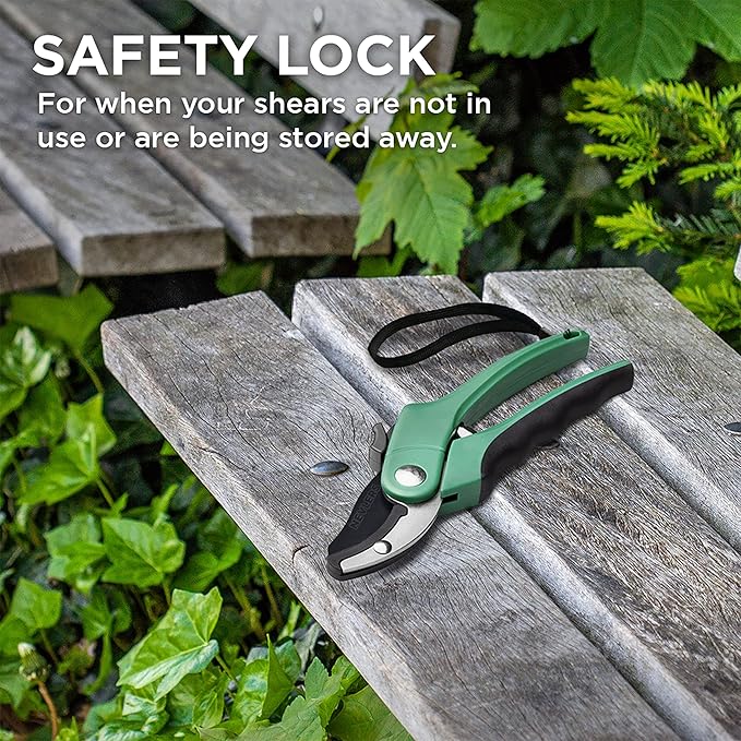 Nevlers 8" Green Anvil Pruning Shears Heavy Duty | Hand Pruners for Gardening w/Steel Blades, Safety Lock & Ergonomic Grip | 8mm Cut Plant Shears & Garden Clippers Handheld for Dead Stems & Branches