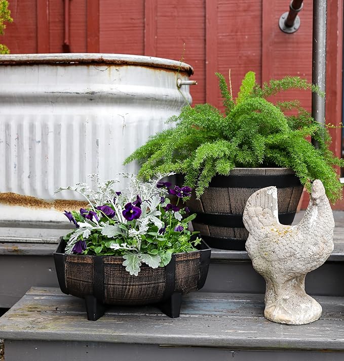 The HC Companies Whiskey Barrel Planter - Faux Wooden Finish Flower Planter Pot - Decorative Garden Pots - Indoor & Outdoor Resin Planters - Weather-Resistant Planting Pots (17.5" Dark Oak, Pack of 2)