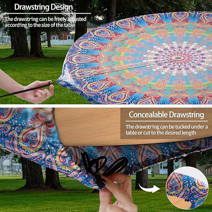 Fitted Round Outdoor Table Covers with Umbrella Hole and Zipper Reusable Water Resistant Tablecloths for 36-44" Tables Glamping Car Road Trip Gear Retirement Gift for Mom Dad Grandpa Grandma