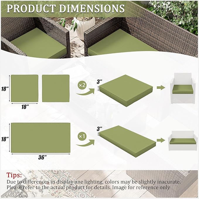 3 Pack Outdoor Replacement Cushions,36L x 18W x 3H,18L x 18W x 3H inch, High-Elastic Replacement Sponge for 4-Seater Water-Resistant Patio/Sofa with Removable Covers (Light Green)