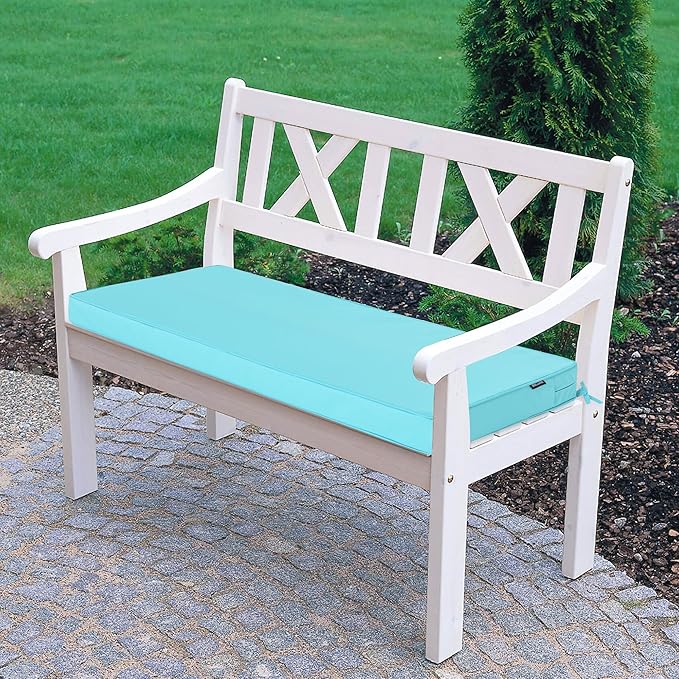 Outdoor Bench Cushion 48 x 18 Inch Thick Waterproof Porch Swing Cushions with Tie Patio Furniture Chair Cushion Bench Pad Color Fastness Backyard Seat Pads, Light Blue