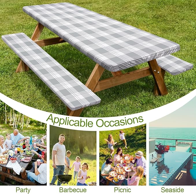 Play Tailor Picnic Table Cover with Bench Covers Camping Essentials Waterproof Windproof Camping Tablecloth with Drawstring Bag, Fitted Rectangle Tables and Seats, 60in, Grey Checkered