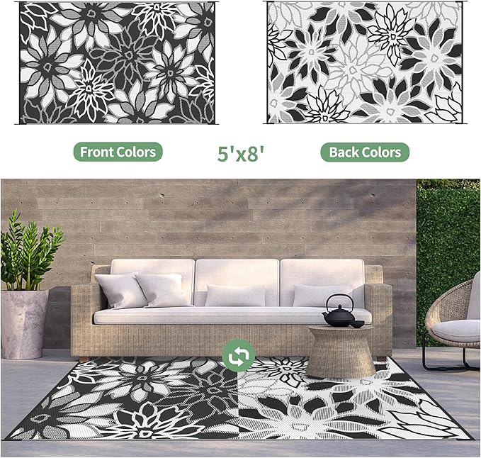 GENIMO Outdoor Rug Waterproof for Patio Decor, 5' x 8' Reversible Plastic Straw Floral Camping Carpet, Large Area Rug Mat for RV, Camper, Deck, Balcony, Porch, Beach, Picnic, Black & White