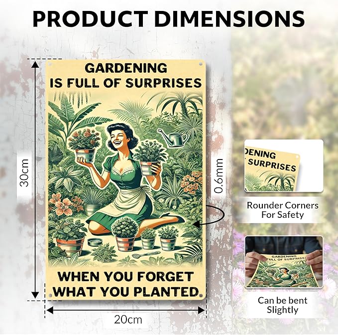 Funny Garden Decor Sign – Gardening Gifts for Women, Garden Decor Aluminum Outdoor Sign, Gardening Is Full of Surprises, Yard & Patio Gifts for Plant Lovers & Gardeners 12" x 8"