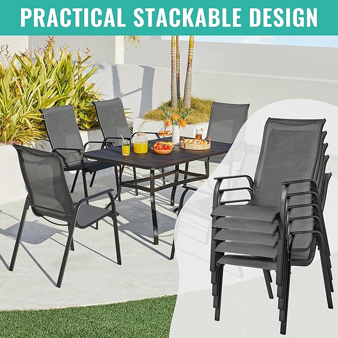 Yaheetech Patio Chairs Set of 2, Dining Chairs with Breathable Fabric and Heavy-Duty Iron Frame for Lawn, Backyard, Deck, 300 lbs Capacity, Gray