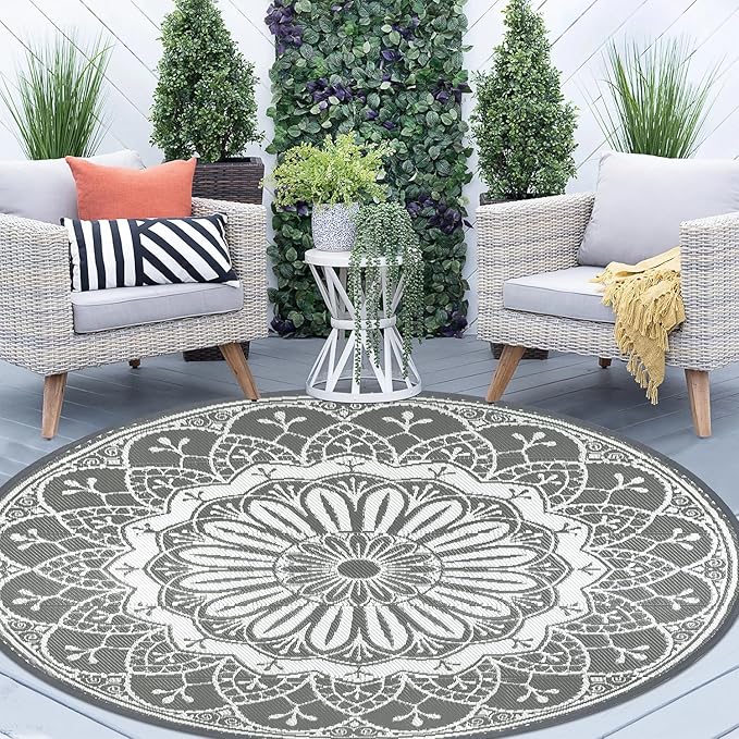 Cekene Round Outdoor Rugs for Patio 6Ft Waterproof Reversible Outdoor Patio Rugs Grey Lightweight Plastic Straw Rugs Portable RV Camping Mat Floor Carpet for Deck Porch Picnic BBQ