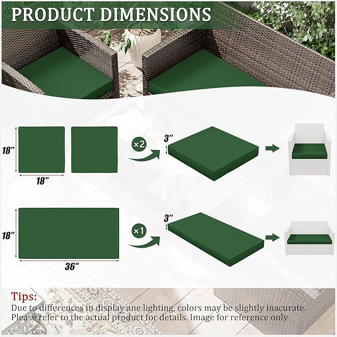 3 Pack Outdoor Replacement Cushions,36L x 18W x 3H,18L x 18W x 3H inch, High-Elastic Replacement Sponge for 4-Seater Water-Resistant Patio/Sofa with Removable Covers (Green)