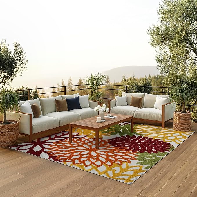 Nourison Home Aloha Indoor/Outdoor Red Multi Colored 7' x 10' Area Rug, Tropical, Botanical, Easy Cleaning, Non Shedding, Bed Room, Living Room, Dining Room, Deck, Backyard, Patio (7x10)
