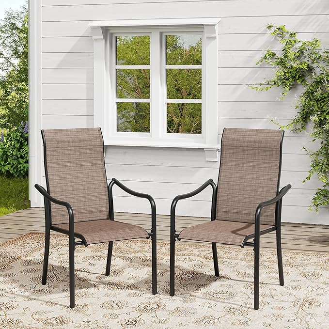VICLLAX Patio Stackable Dining Chairs Set of 2, Outdoor Sling Chairs with Breathable Fabric and High Back for Balcony Porch Backyard, Brown